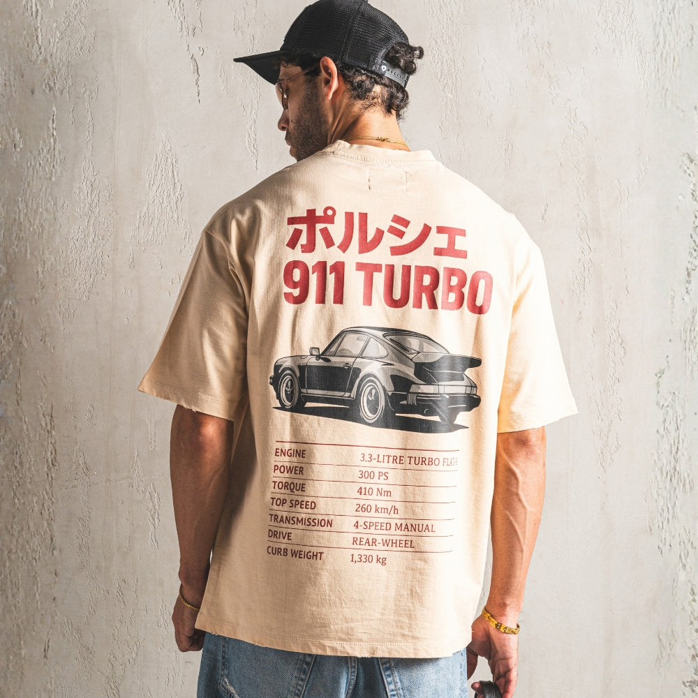 911 Turbo Beige Distressed Oversized T-Shirt