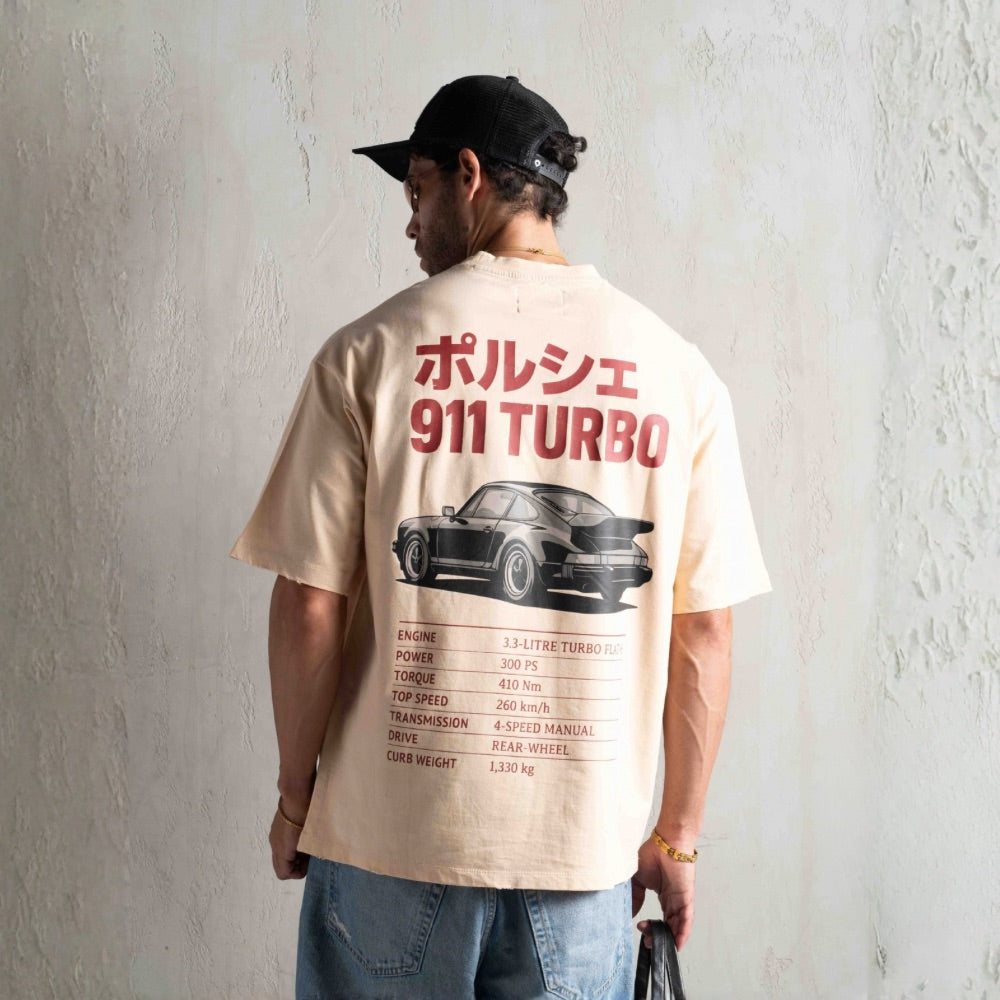 911 Turbo Beige Distressed Oversized T-Shirt